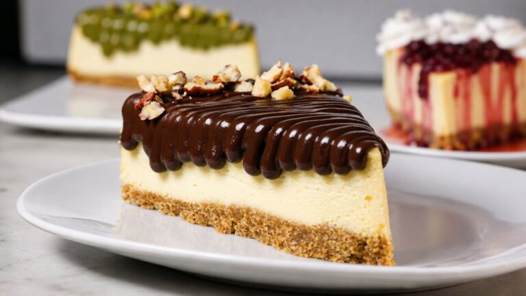 Close-up of a chocolate-drizzled cheesecake slice with nuts, perfect for dessert lovers.