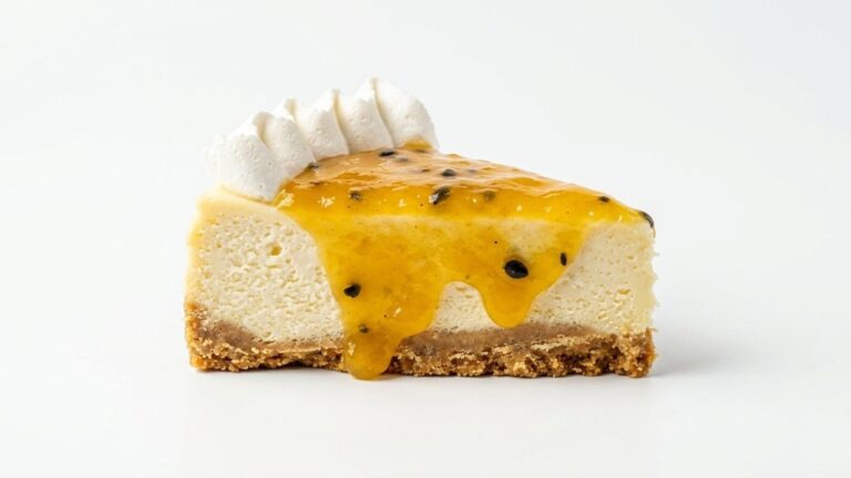 A mouthwatering slice of cheesecake topped with passion fruit sauce.