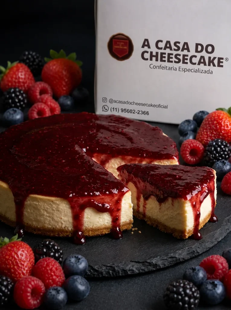 Cheesecake inteiro com calda de frutas vermelhas por cima, com uma fatia cortada