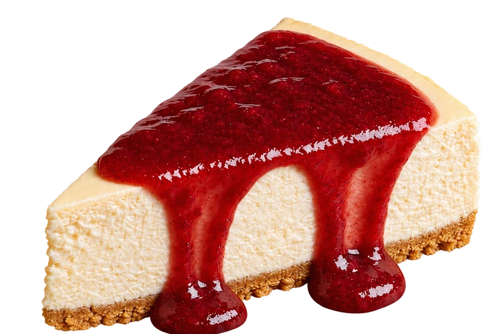 Fatia real de cheesecake de morangos, com biscoito apenas na base